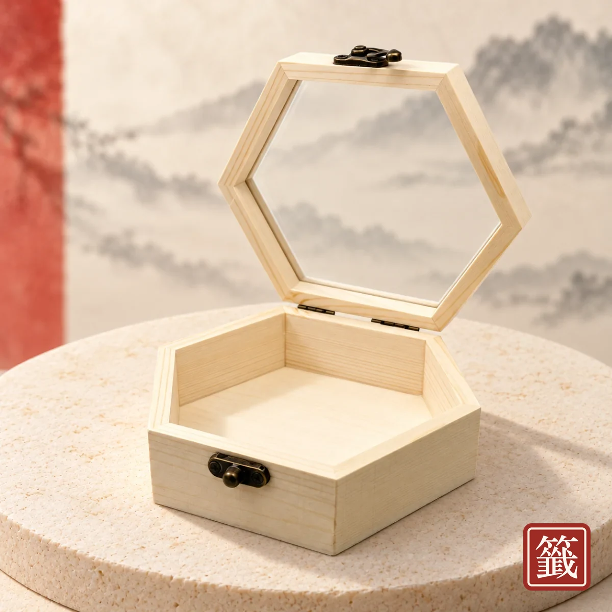 六和｜玻璃蓋六角木盒