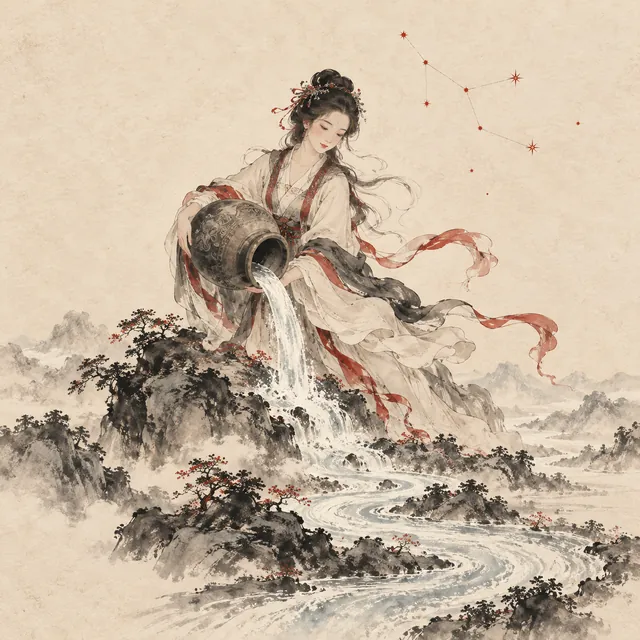 水瓶座水墨插圖