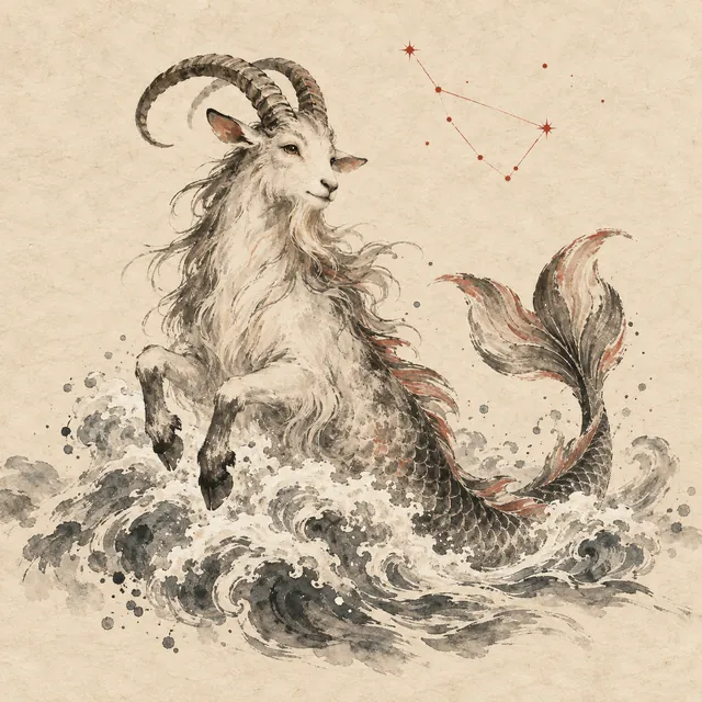摩羯座水墨插圖