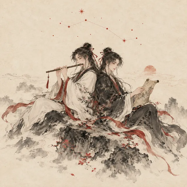 雙子座水墨插圖
